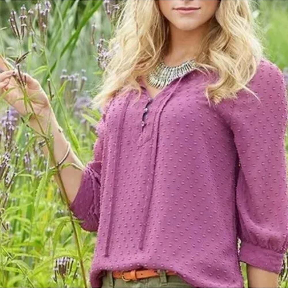 Matilda Jane Shirt Womens Medium Purple Swiss Dot Blouse Drawstring Removed Flaw